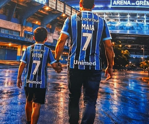 Detalhe do quadro com os nomes Maia e Vitor impressos nas costas das camisas